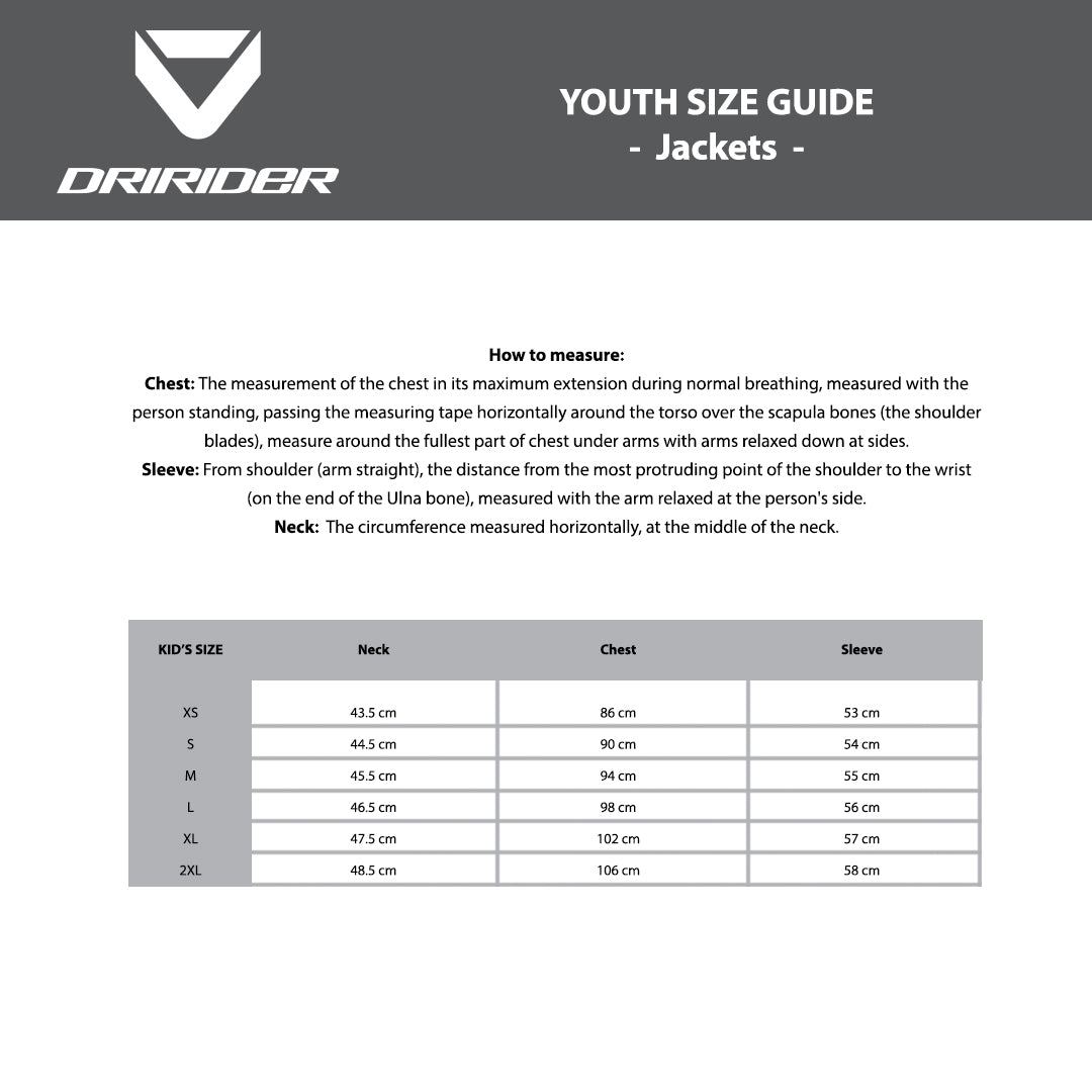 DRIRIDER Size Chart - YOUTH Jackets