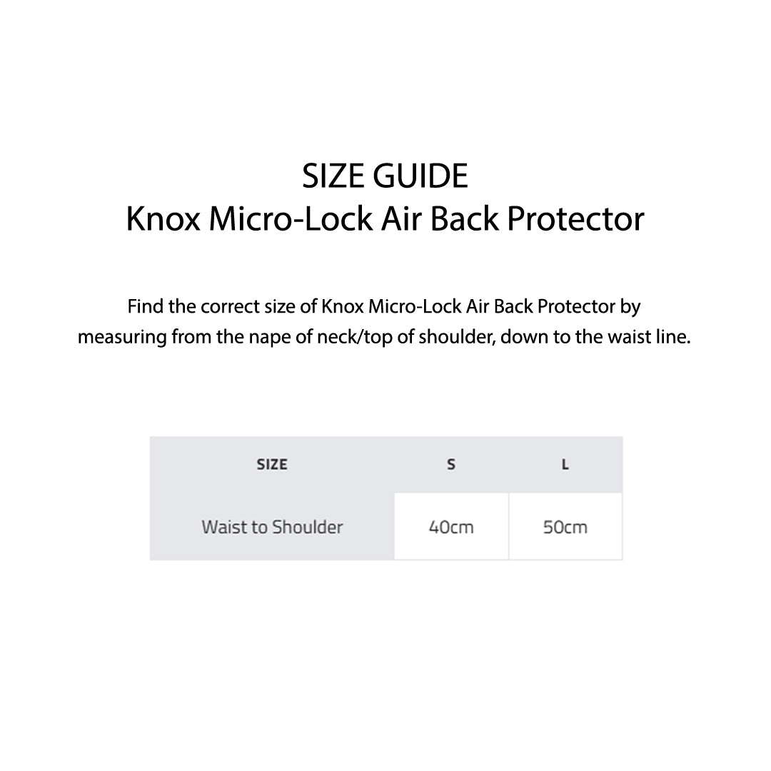 KNOX Size Chart - Micro-Lock Air MK2 Back Protectors